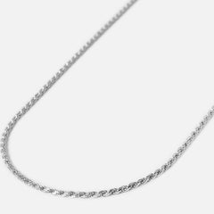 A delicate silver rope chain necklace displayed on a plain white background.