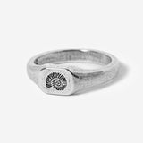 A silver ring with a textured band and an oval-shaped top featuring an engraved spiral or fossil-like pattern, displayed on a plain light background.